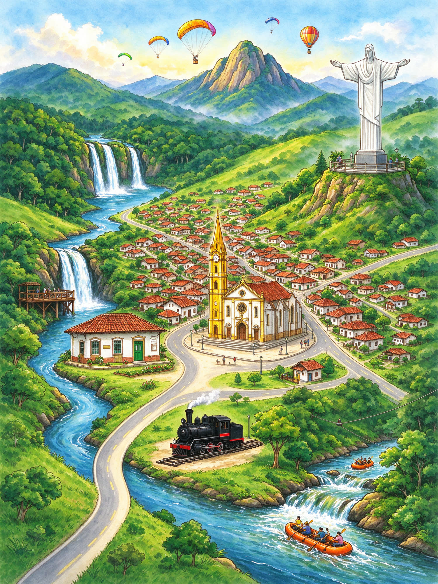 Mapa ilustrado de Socorro com o Cristo Redentor, as cachoeiras, a Igreja Matriz, o museu, a Maria Fumaça, o pico com parapentes e o rafting